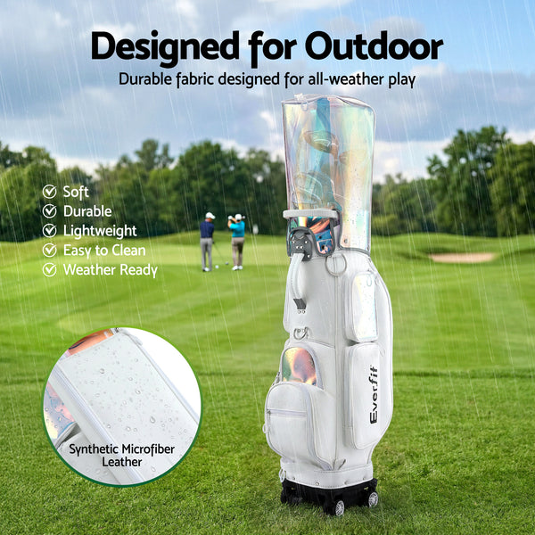 Everfit Golf Cart Bag Rolling Buggy Club Organiser Synthetic Leather White Awezingly