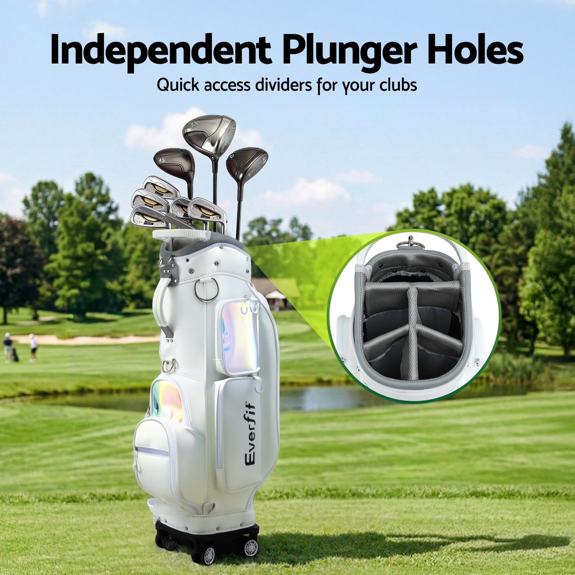 Everfit Golf Cart Bag Rolling Buggy Club Organiser Synthetic Leather White Awezingly