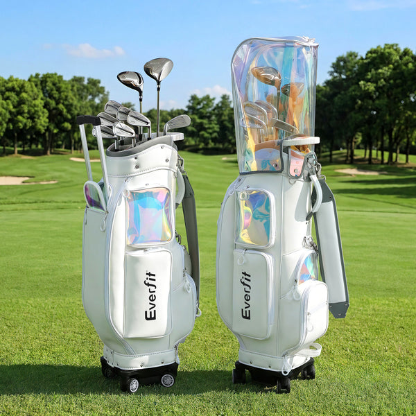 Everfit Golf Cart Bag Rolling Buggy Club Organiser Synthetic Leather White Awezingly