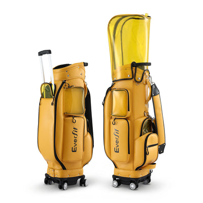 Everfit Golf Cart Bag Rolling Buggy Club Organiser Synthetic Leather Yellow