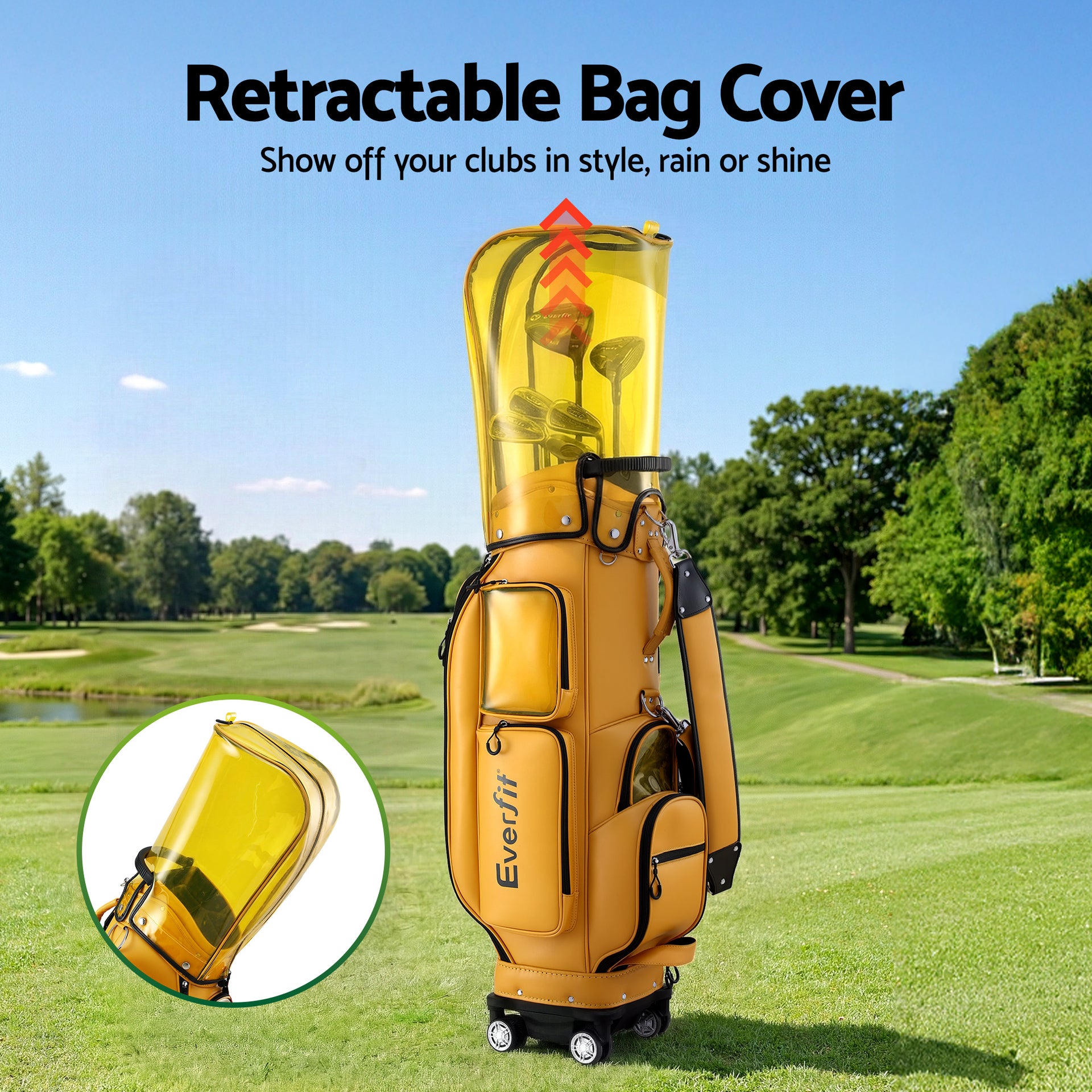 Everfit Golf Cart Bag Rolling Buggy Club Organiser Synthetic Leather Yellow Awezingly