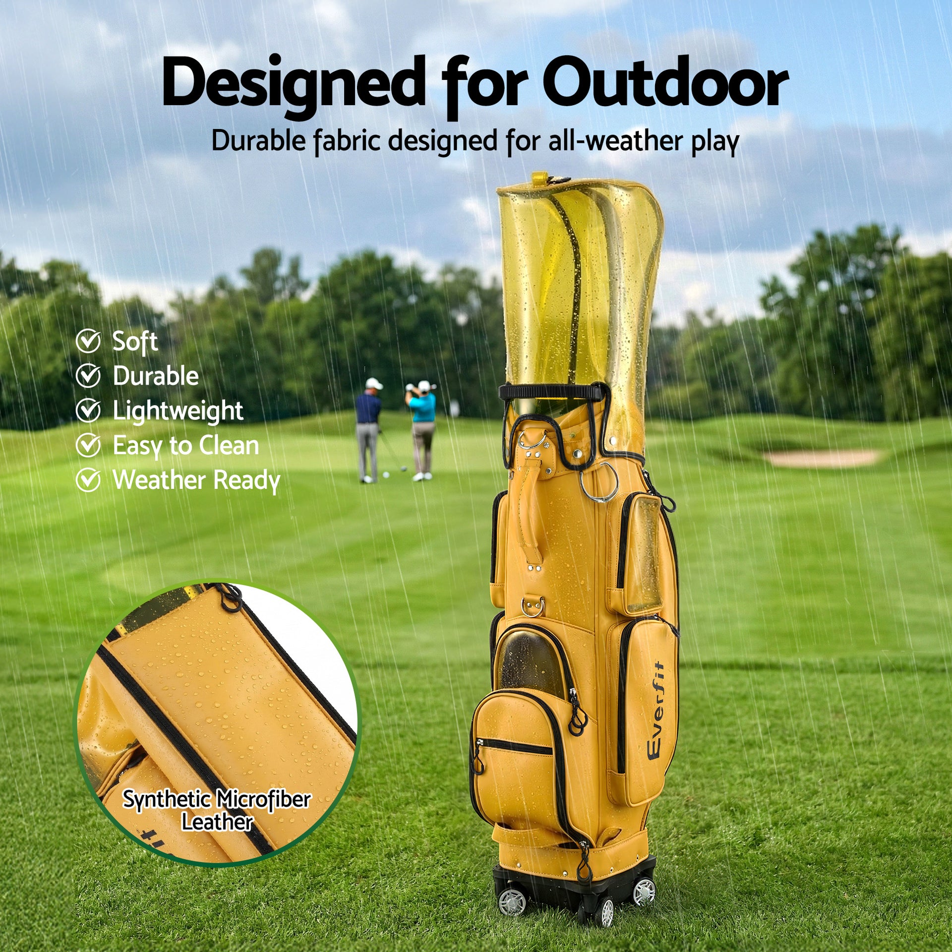 Everfit Golf Cart Bag Rolling Buggy Club Organiser Synthetic Leather Yellow Awezingly