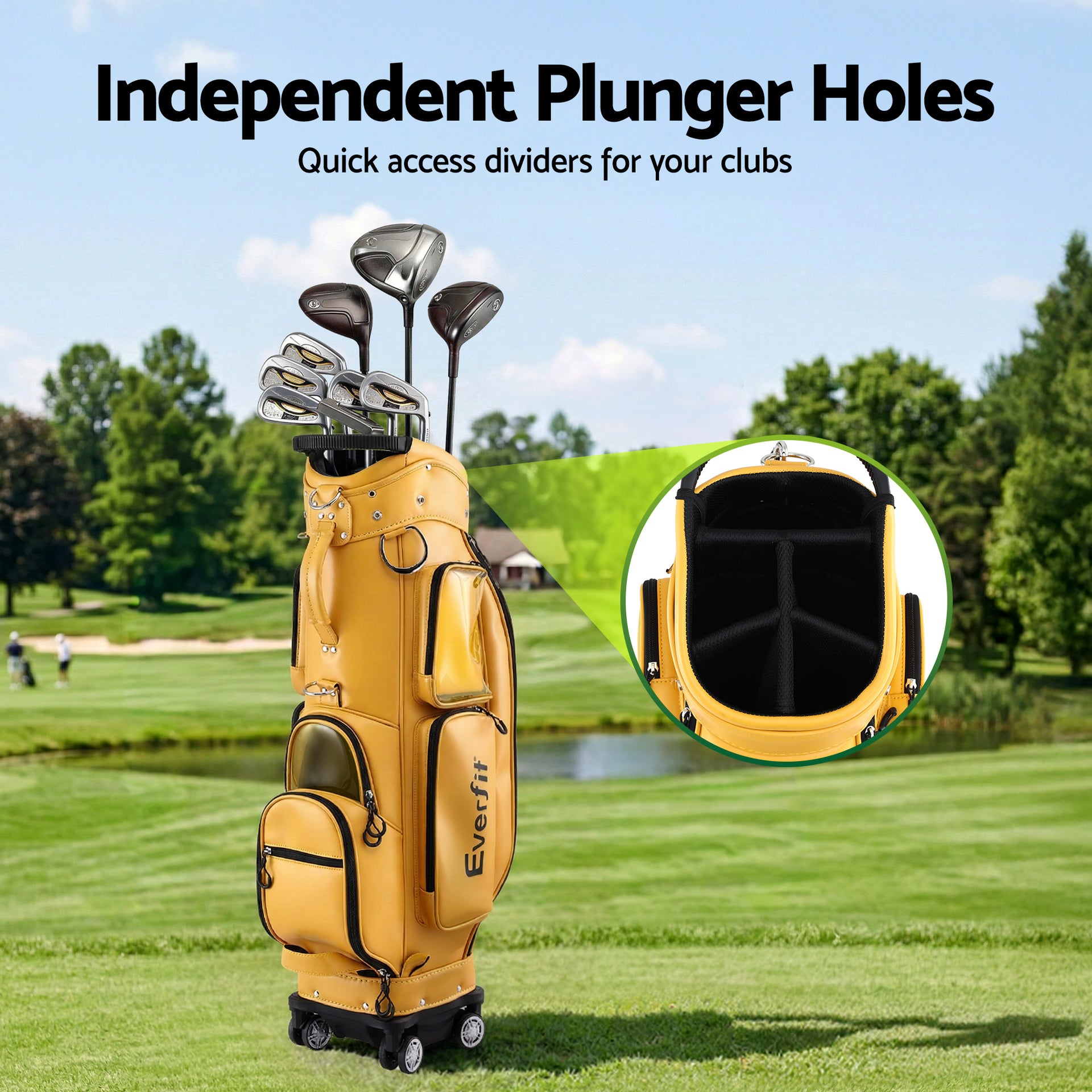 Everfit Golf Cart Bag Rolling Buggy Club Organiser Synthetic Leather Yellow Awezingly
