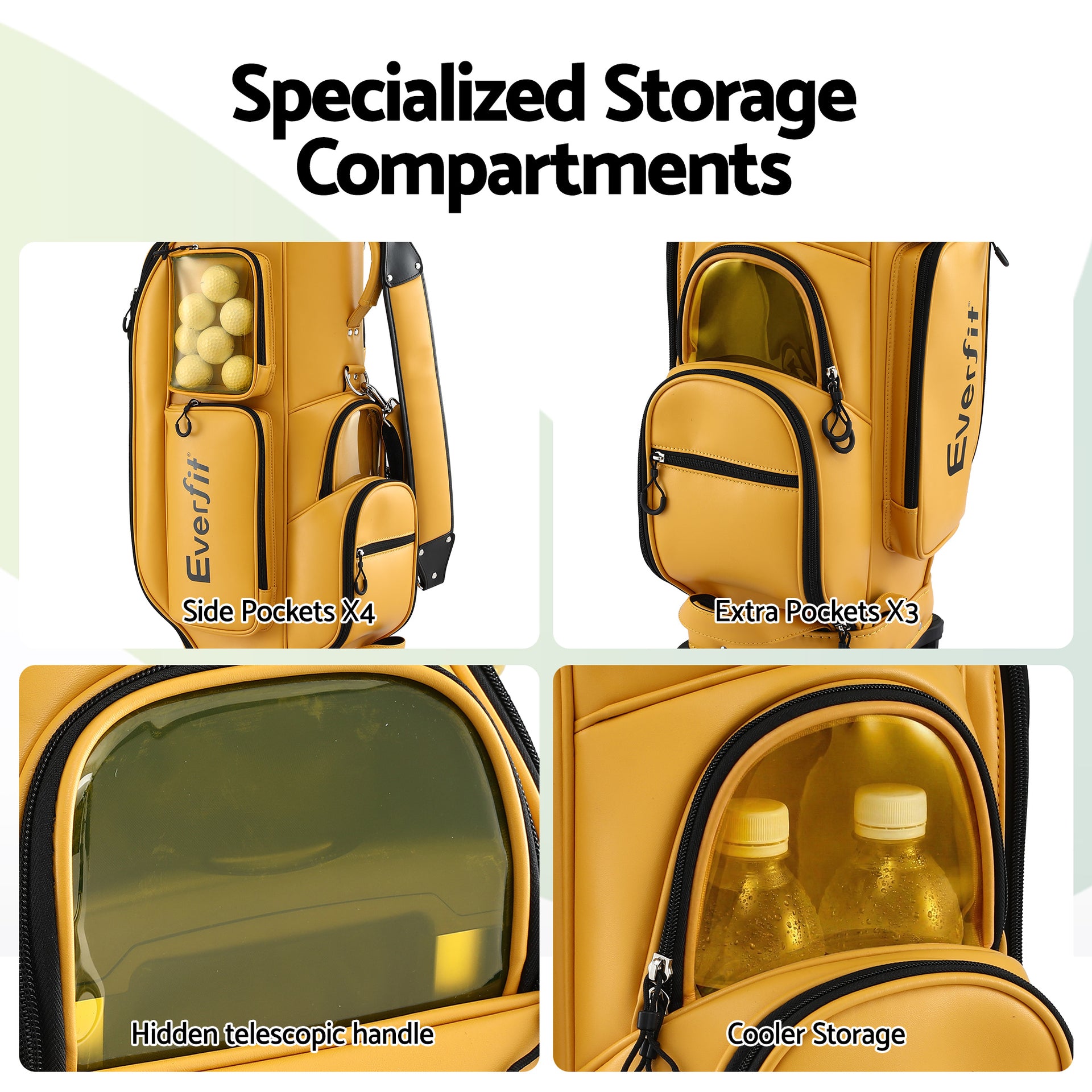 Everfit Golf Cart Bag Rolling Buggy Club Organiser Synthetic Leather Yellow Awezingly