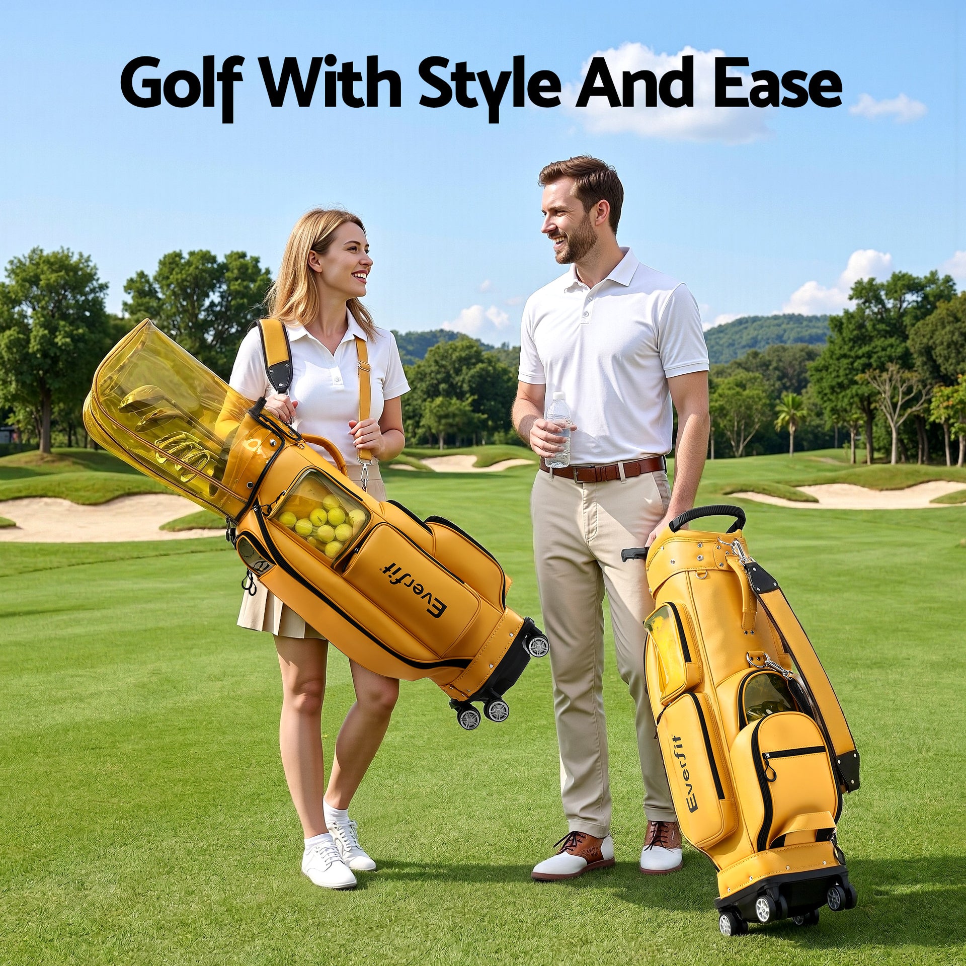 Everfit Golf Cart Bag Rolling Buggy Club Organiser Synthetic Leather Yellow Awezingly