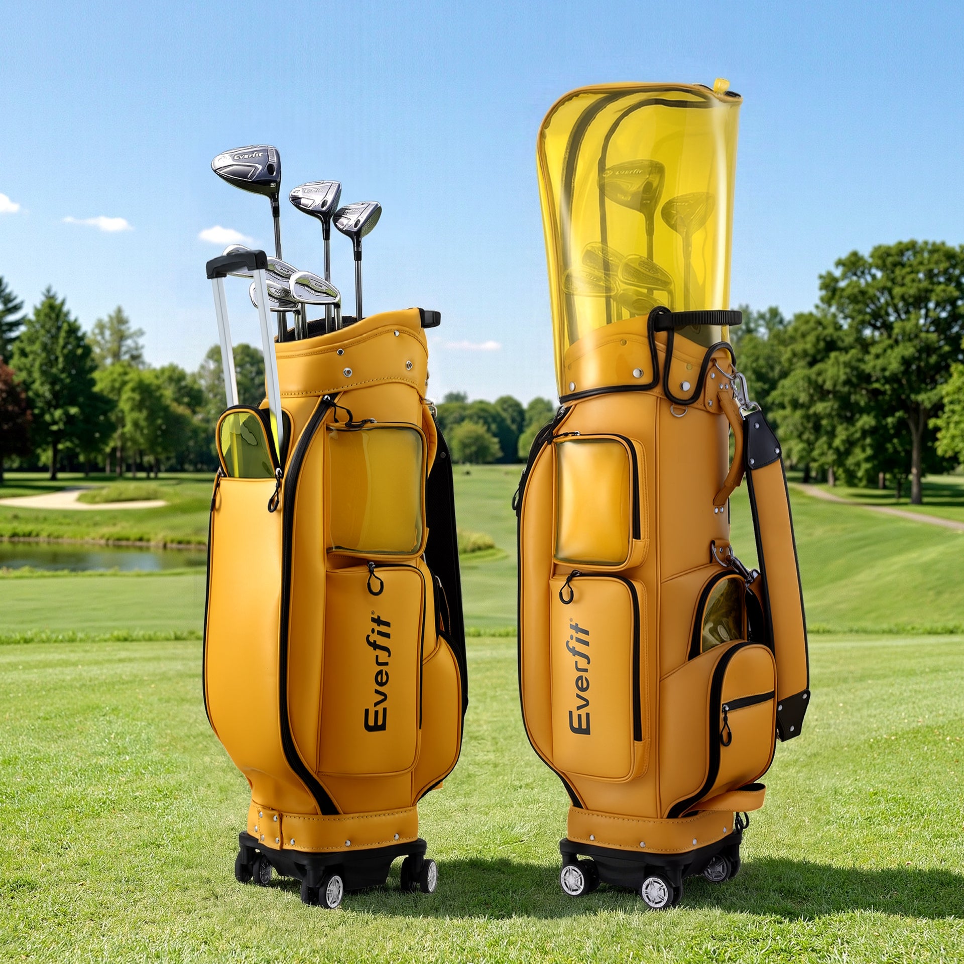 Everfit Golf Cart Bag Rolling Buggy Club Organiser Synthetic Leather Yellow Awezingly
