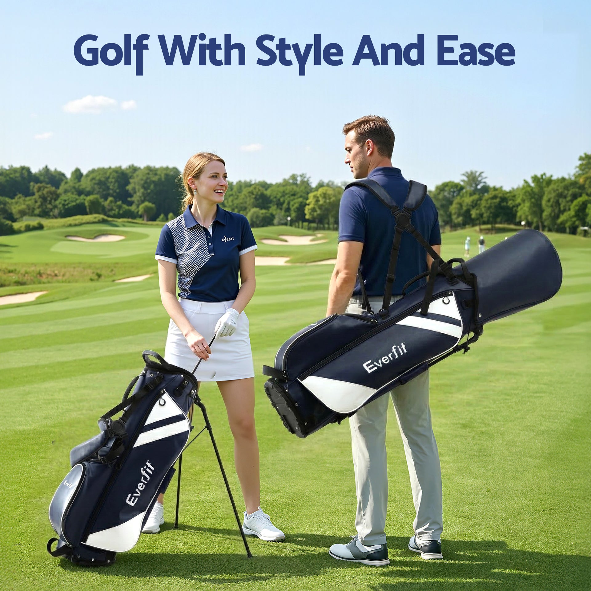 Everfit Golf Stand Bag Lightweight Carry Bag Dual Strap Club Divider Blue Awezingly