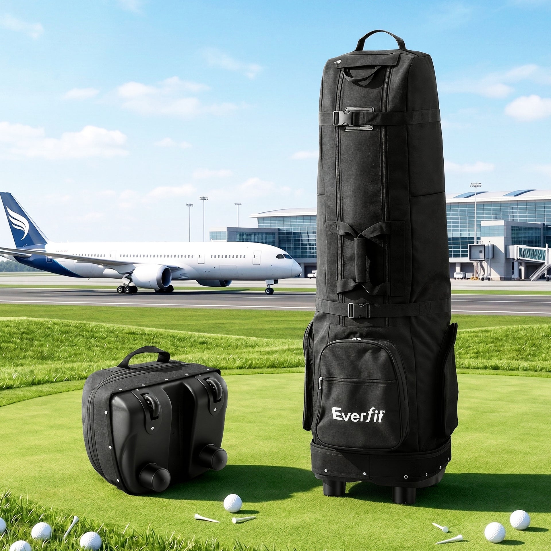 Everfit Golf Travel Bag Flight Cover Foldable Soft Case Wheels Black Awezingly