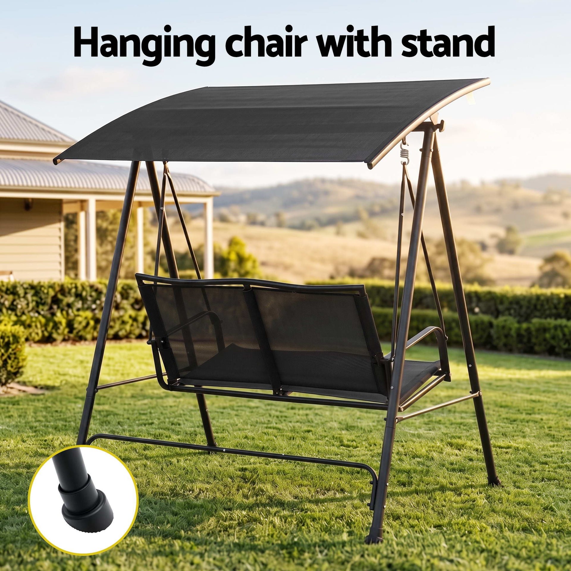 Gardeon Outdoor Swing Chair with Adjustable Canopy 142cmx172cm Stand Black Awezingly