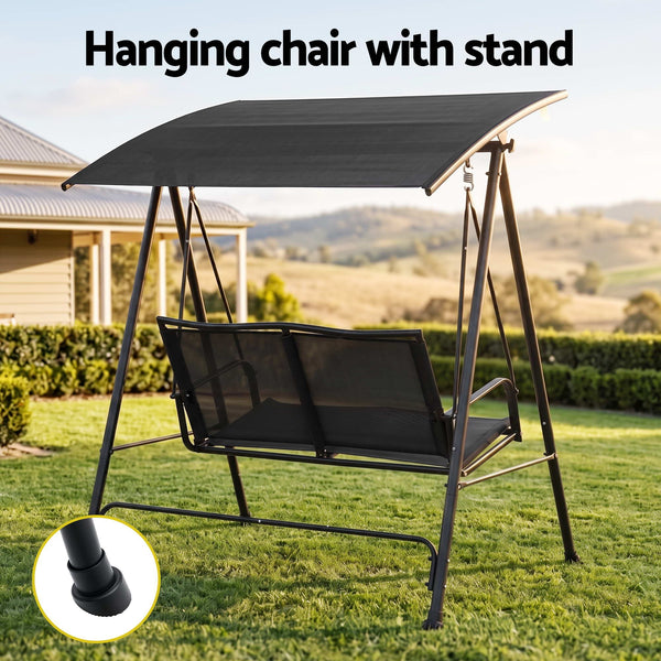 Gardeon Outdoor Swing Chair with Adjustable Canopy 142cmx172cm Stand Black Awezingly