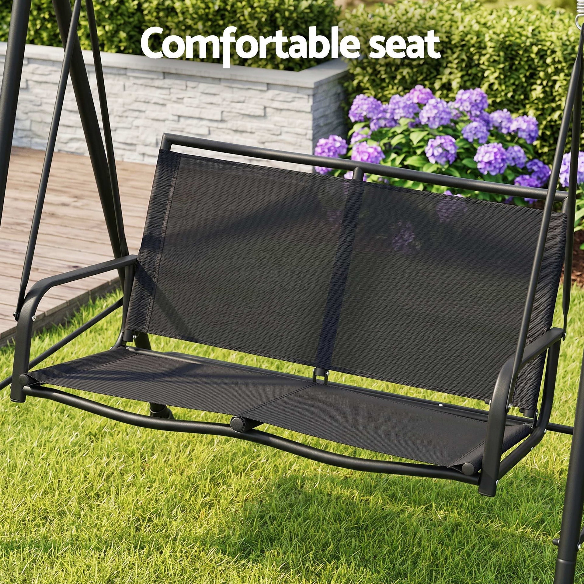 Gardeon Outdoor Swing Chair with Adjustable Canopy 142cmx172cm Stand Black Awezingly
