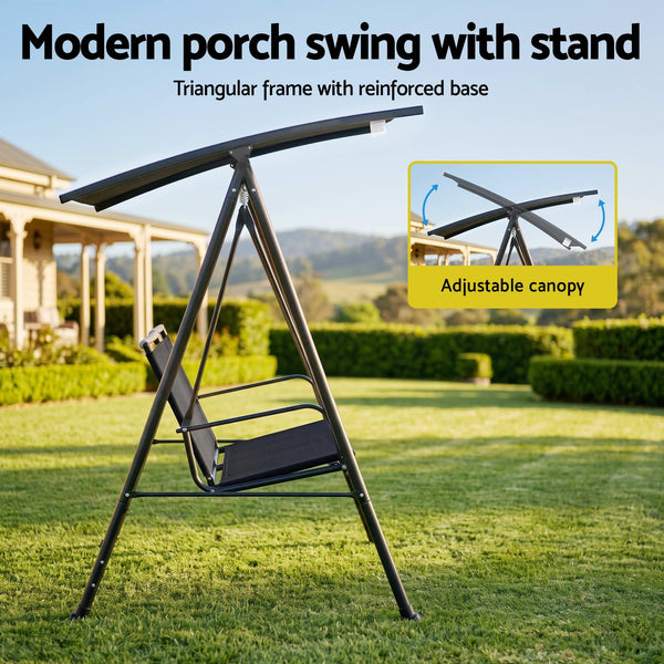 Gardeon Outdoor Swing Chair with Adjustable Canopy 142cmx172cm Stand Black Awezingly
