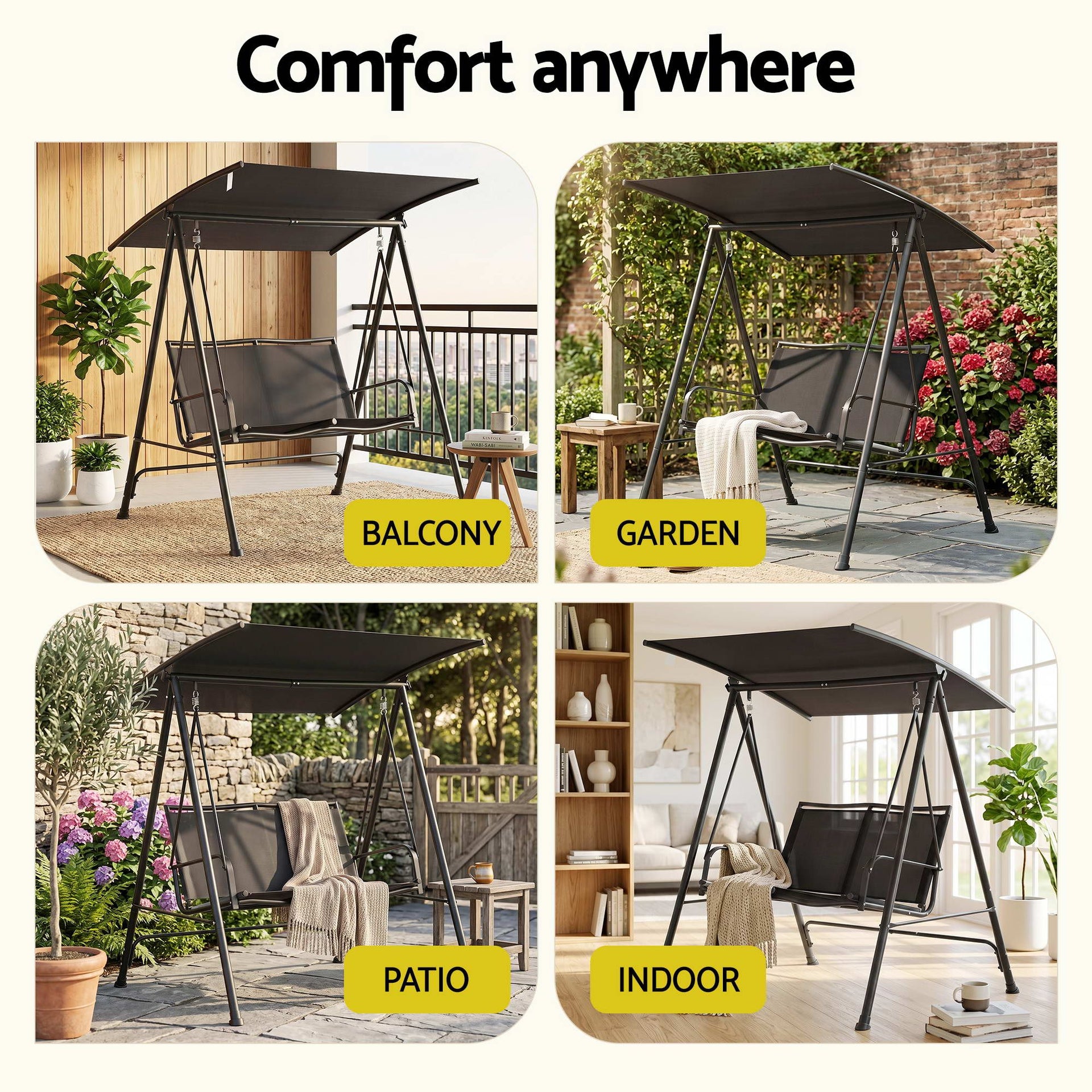 Gardeon Outdoor Swing Chair with Adjustable Canopy 142cmx172cm Stand Black Awezingly