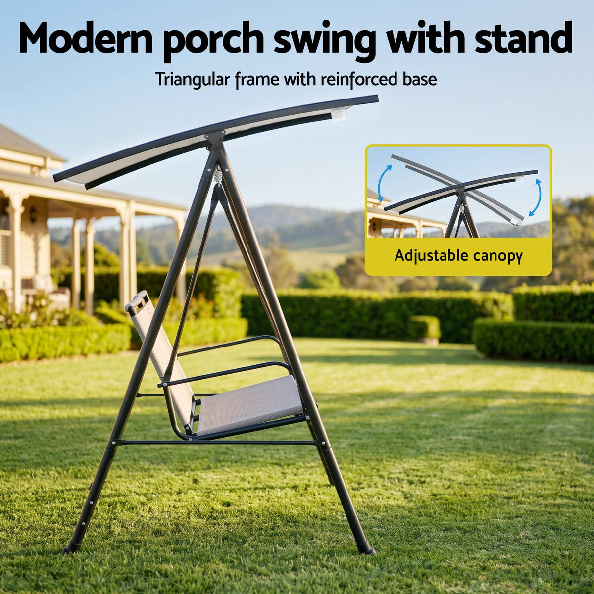 Gardeon Outdoor Swing Chair with Adjustable Canopy 142cmx172cm Stand Grey Awezingly