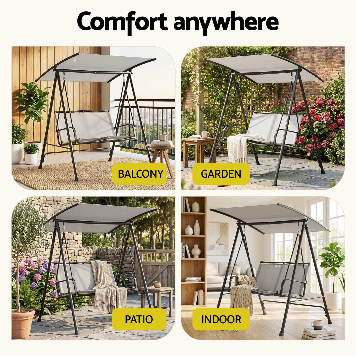 Gardeon Outdoor Swing Chair with Adjustable Canopy 142cmx172cm Stand Grey Awezingly