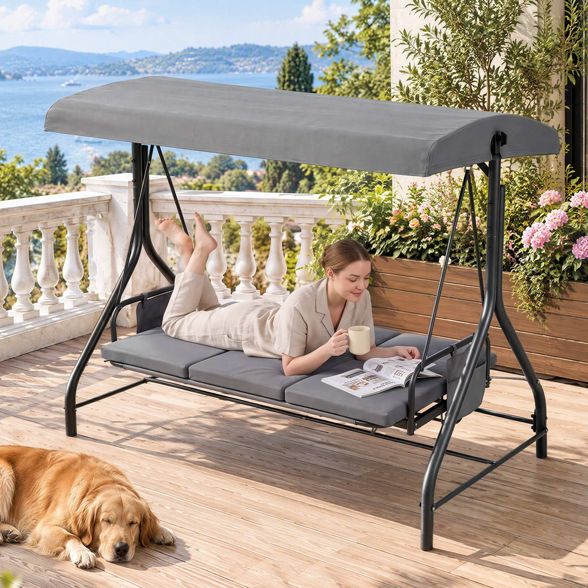 Gardeon Outdoor Swing Chair with Canopy Convertible Hanging Bed Grey Awezingly