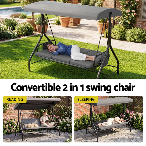 Gardeon Outdoor Swing Chair with Canopy Convertible Hanging Bed Grey Awezingly