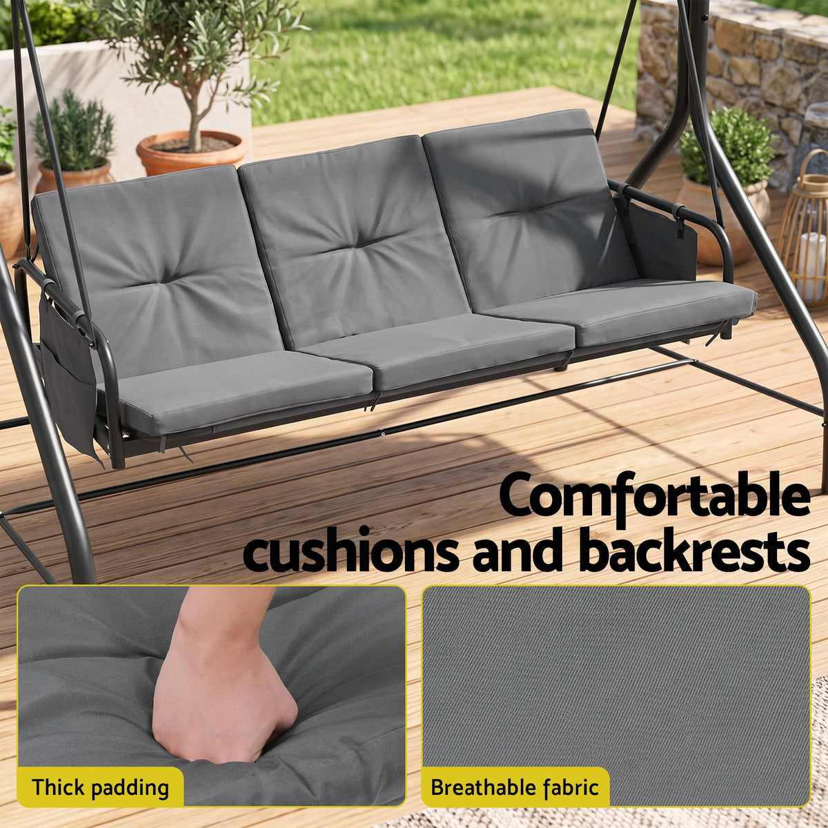 Gardeon Outdoor Swing Chair with Canopy Convertible Hanging Bed Grey Awezingly