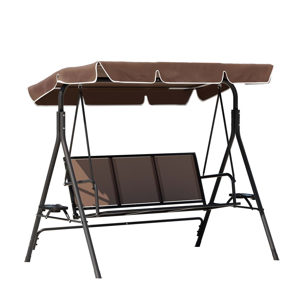 Gardeon Outdoor Swing Chair Garden Furniture Canopy Cup Holder 3 Seater Brown Gardeon