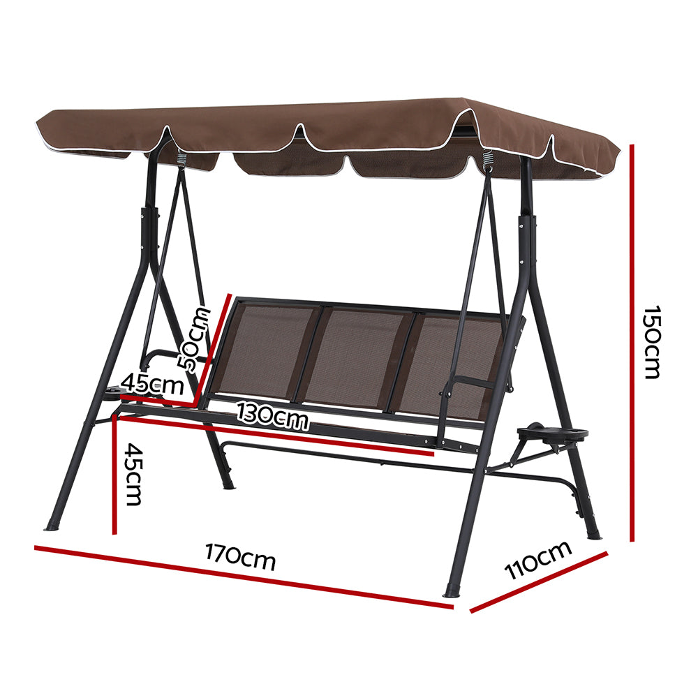 Gardeon Outdoor Swing Chair Garden Furniture Canopy Cup Holder 3 Seater Brown Gardeon