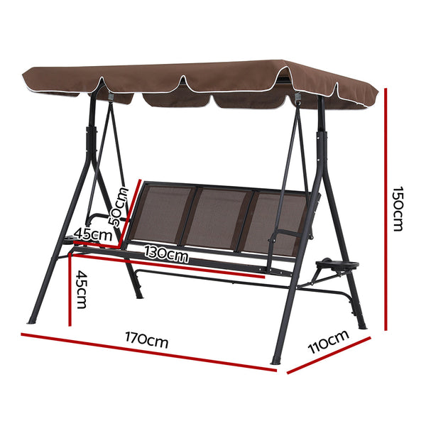 Gardeon Outdoor Swing Chair Garden Furniture Canopy Cup Holder 3 Seater Brown Gardeon