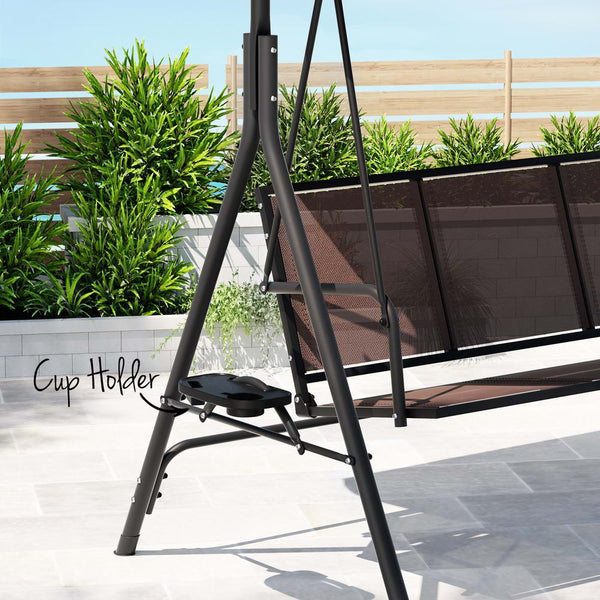 Gardeon Outdoor Swing Chair Garden Furniture Canopy Cup Holder 3 Seater Brown Gardeon