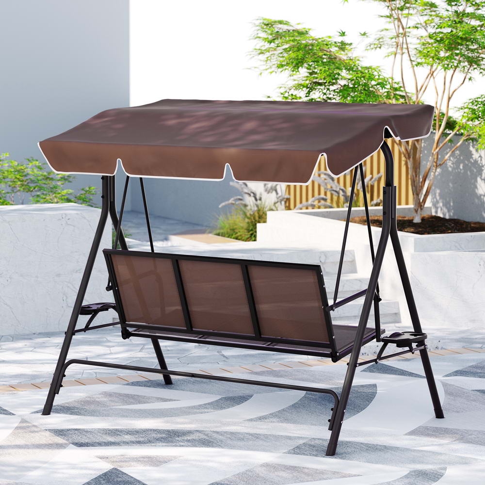 Gardeon Outdoor Swing Chair Garden Furniture Canopy Cup Holder 3 Seater Brown Gardeon