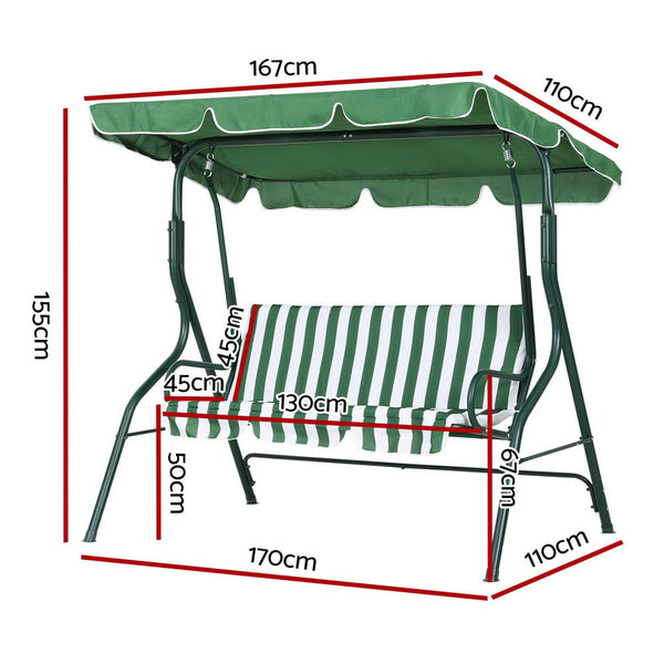 Gardeon Outdoor Swing Chair Garden Bench Furniture Canopy 3 Seater White Green Gardeon