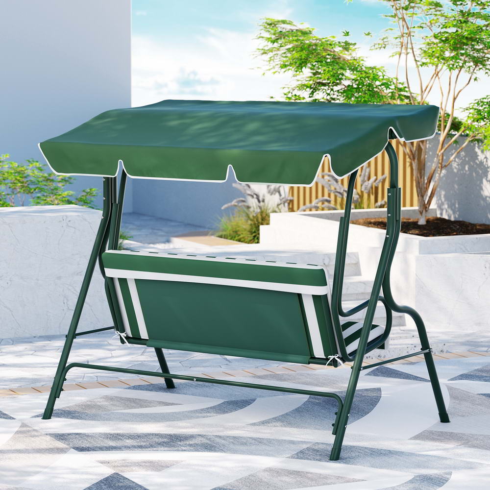 Gardeon Outdoor Swing Chair Garden Bench Furniture Canopy 3 Seater White Green Gardeon