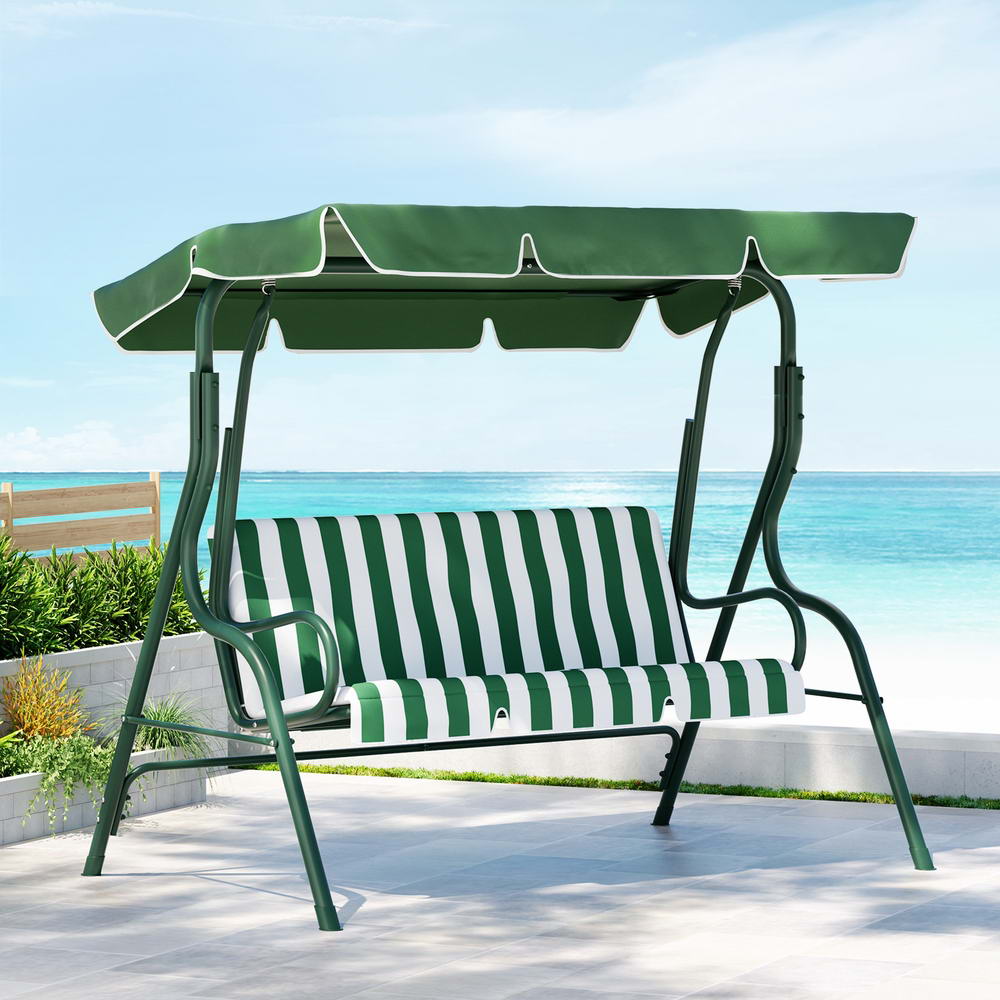 Gardeon Outdoor Swing Chair Garden Bench Furniture Canopy 3 Seater White Green Gardeon