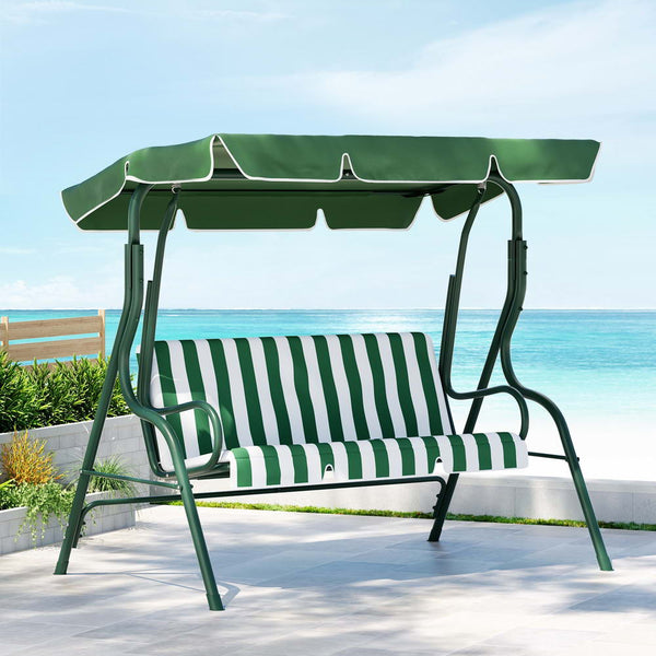 Gardeon Outdoor Swing Chair Garden Bench Furniture Canopy 3 Seater White Green Gardeon