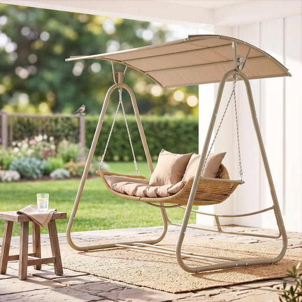 Gardeon Outdoor Swing Chair 2-Seater Rattan Seat with Canopy Beige Awezingly