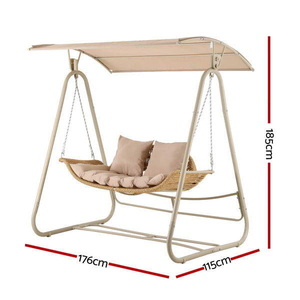 Gardeon Outdoor Swing Chair 2-Seater Rattan Seat with Canopy Beige Awezingly