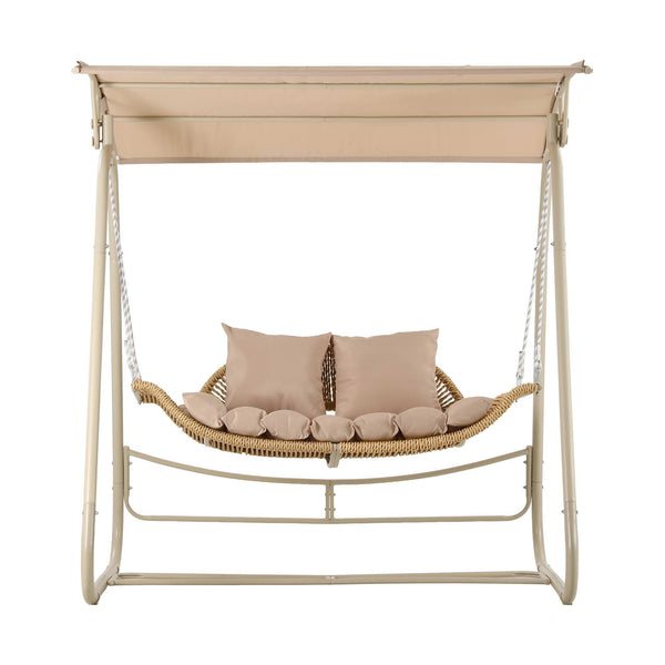 Gardeon Outdoor Swing Chair 2-Seater Rattan Seat with Canopy Beige Awezingly
