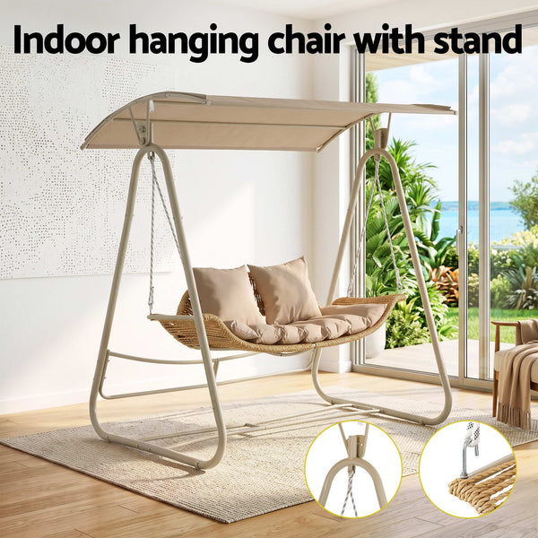 Gardeon Outdoor Swing Chair 2-Seater Rattan Seat with Canopy Beige Awezingly
