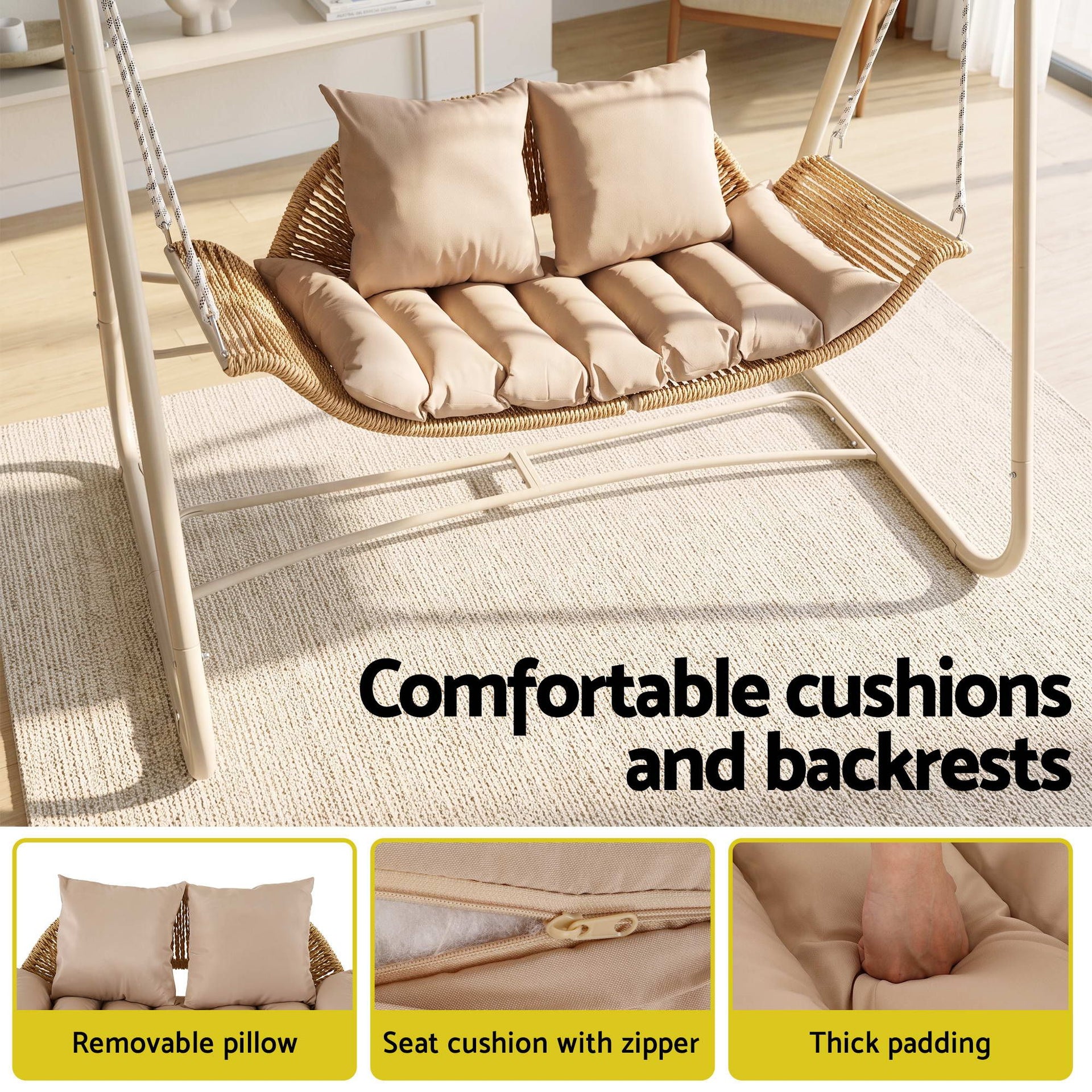 Gardeon Outdoor Swing Chair 2-Seater Rattan Seat with Canopy Beige Awezingly