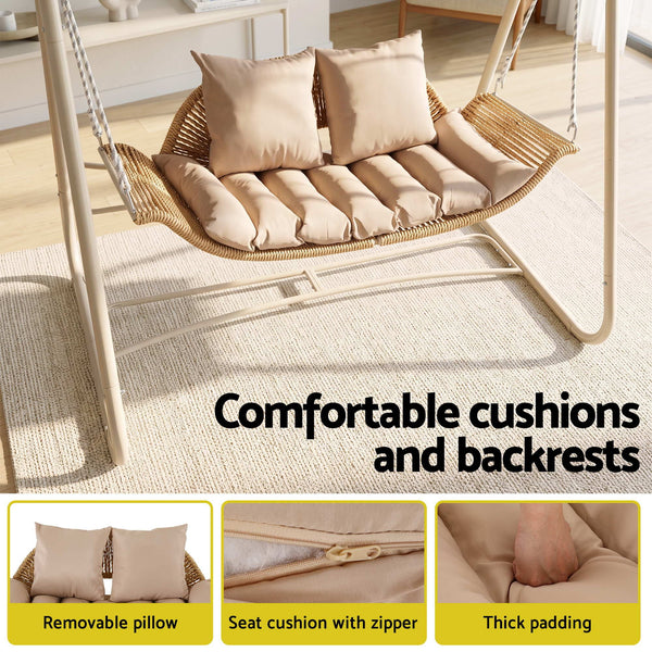 Gardeon Outdoor Swing Chair 2-Seater Rattan Seat with Canopy Beige Awezingly