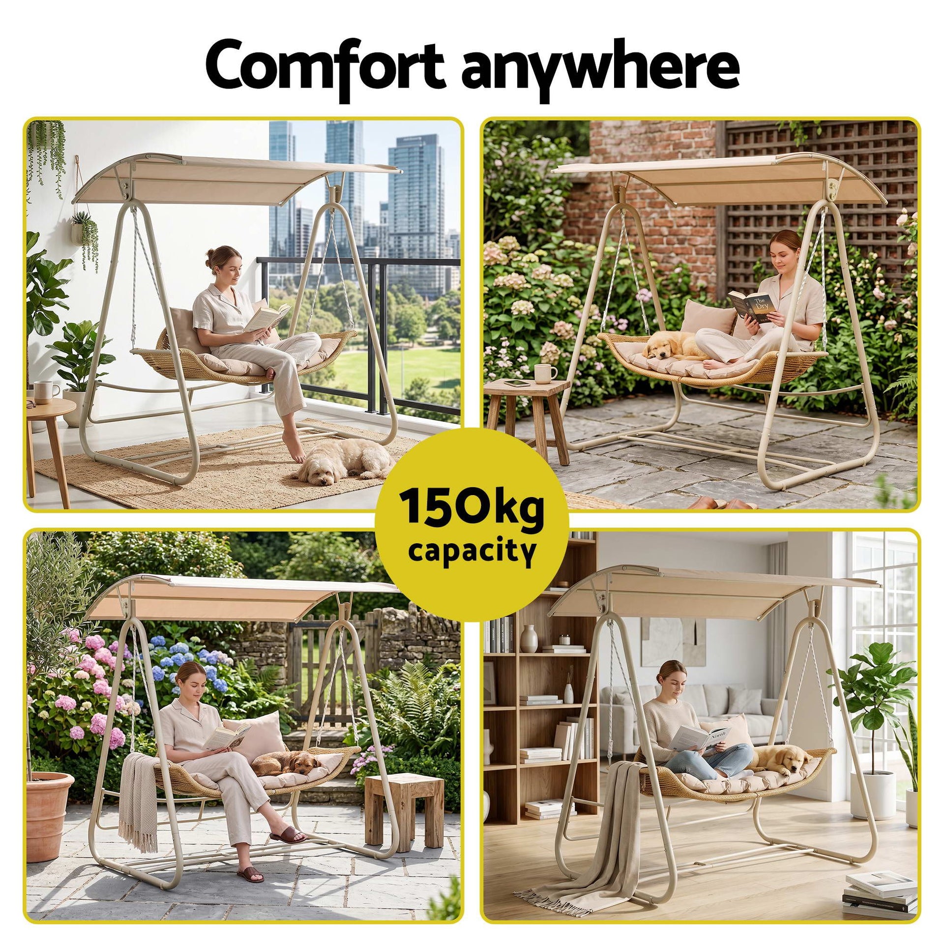 Gardeon Outdoor Swing Chair 2-Seater Rattan Seat with Canopy Beige Awezingly