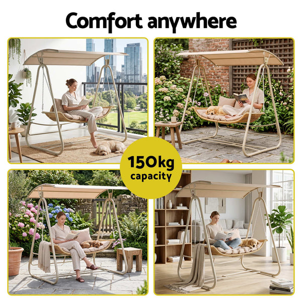 Gardeon Outdoor Swing Chair 2-Seater Rattan Seat with Canopy Beige Awezingly