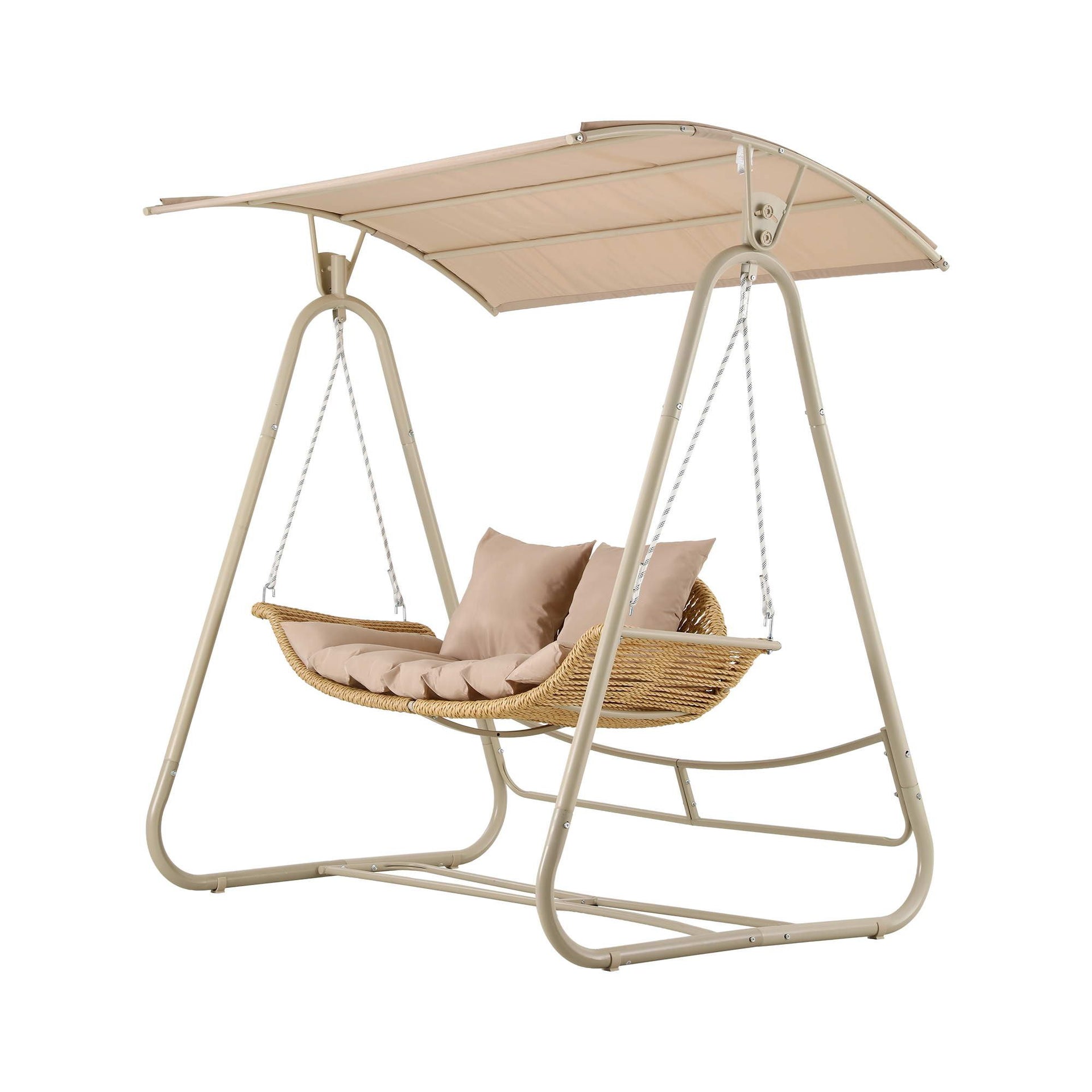 Gardeon Outdoor Swing Chair 2-Seater Rattan Seat with Canopy Beige Awezingly