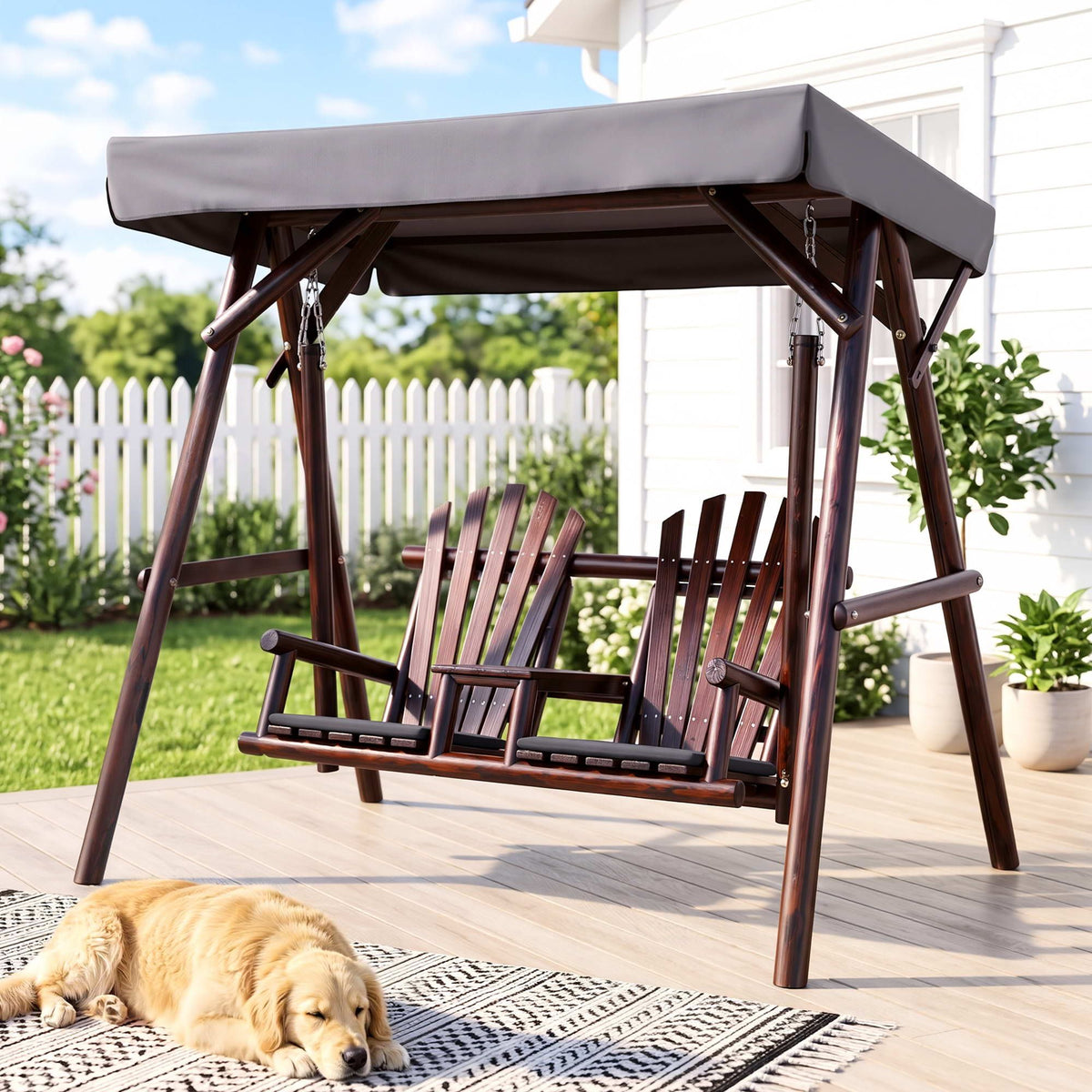 Gardeon Outdoor Wooden Swing Chair with Canopy Middle Table Charcoal Gardeon