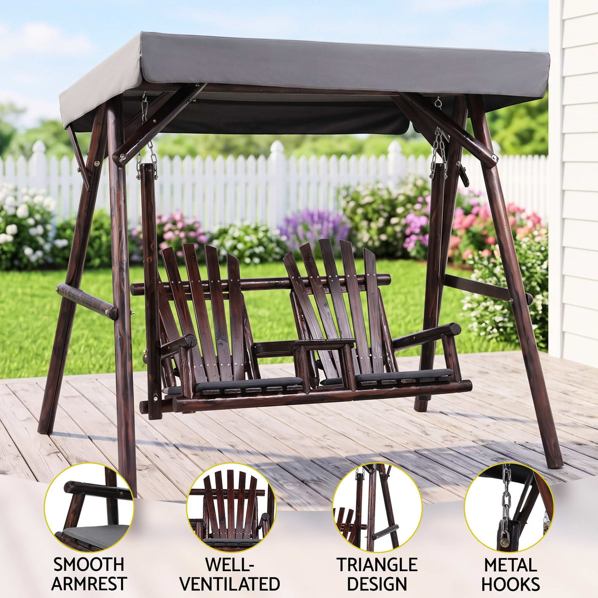 Gardeon Outdoor Wooden Swing Chair with Canopy Middle Table Charcoal Awezingly