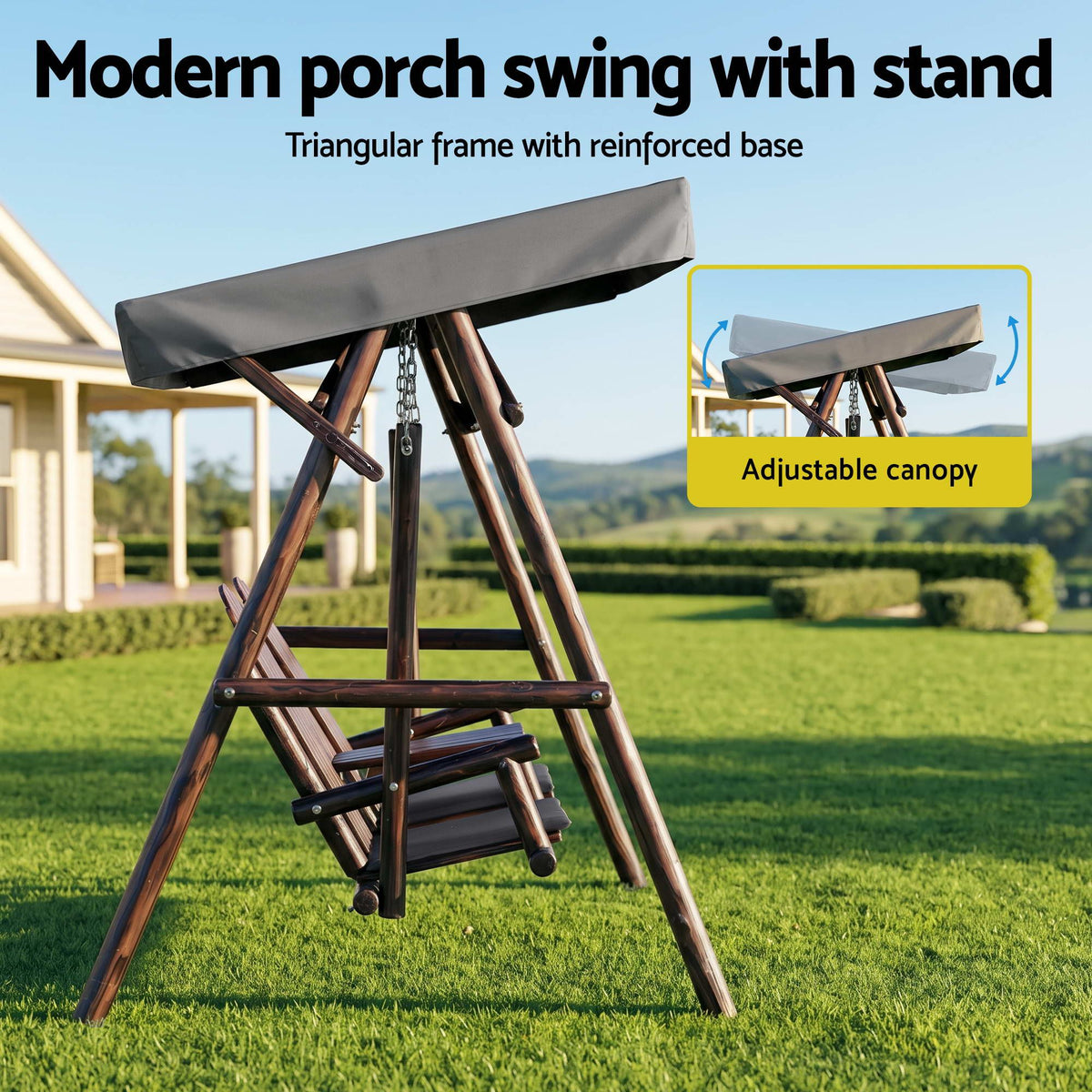 Gardeon Outdoor Wooden Swing Chair with Canopy Middle Table Charcoal Awezingly