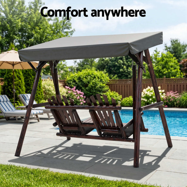 Gardeon Outdoor Wooden Swing Chair with Canopy Middle Table Charcoal Awezingly