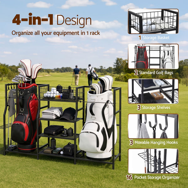 Everfit Golf Bag Storage Golfing Equipment Rack Holds 2 Bags 16 Clubs Awezingly