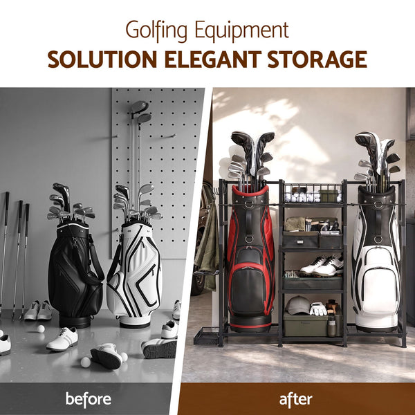 Everfit Golf Bag Storage Golfing Equipment Rack Holds 2 Bags 16 Clubs Awezingly