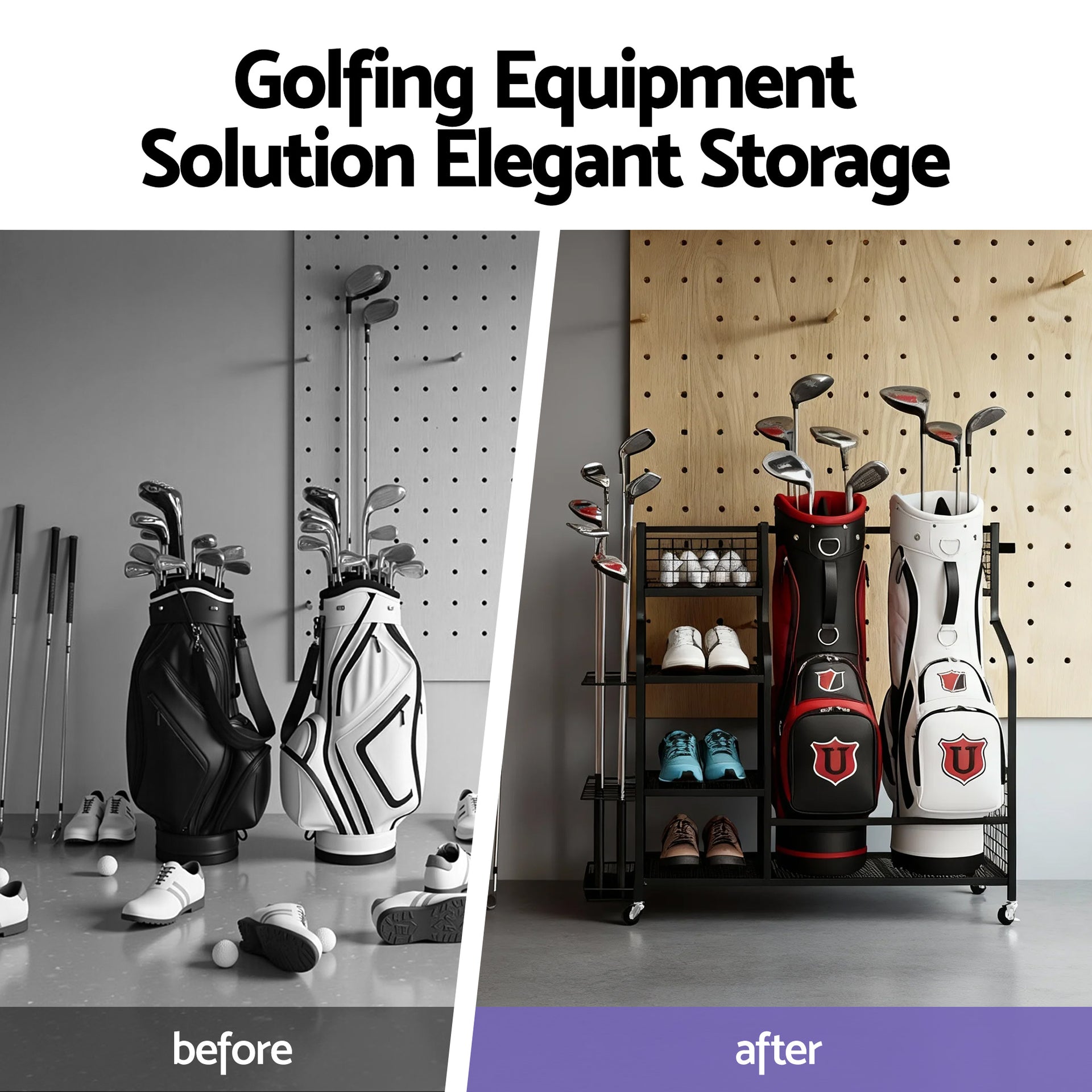 Everfit Golf Bag Storage Golf Storage Garage Organizer with Wheels Black Everfit
