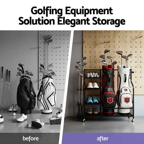 Everfit Golf Bag Storage Golf Storage Garage Organizer with Wheels Black Everfit
