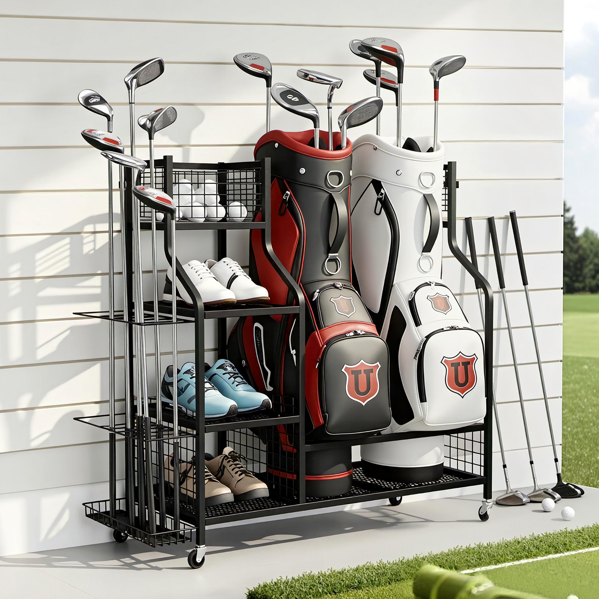 Everfit Golf Bag Storage Golf Storage Garage Organizer with Wheels Black Everfit