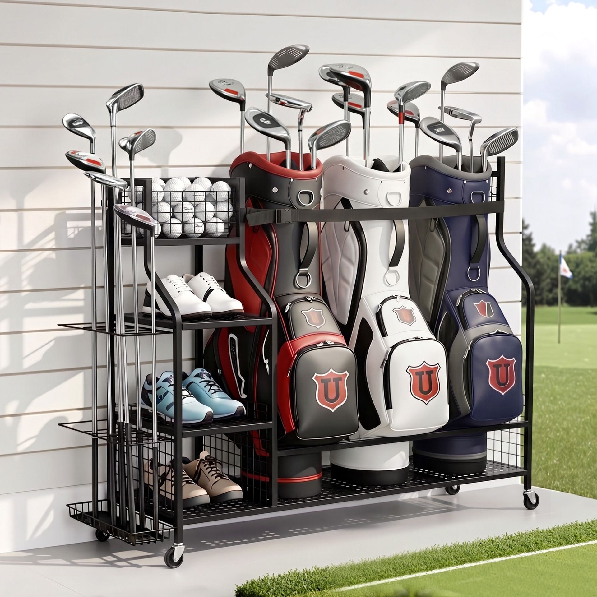 Everfit Golf 3 Bag Storage Golf Storage Garage Organizer with Wheels Black Everfit